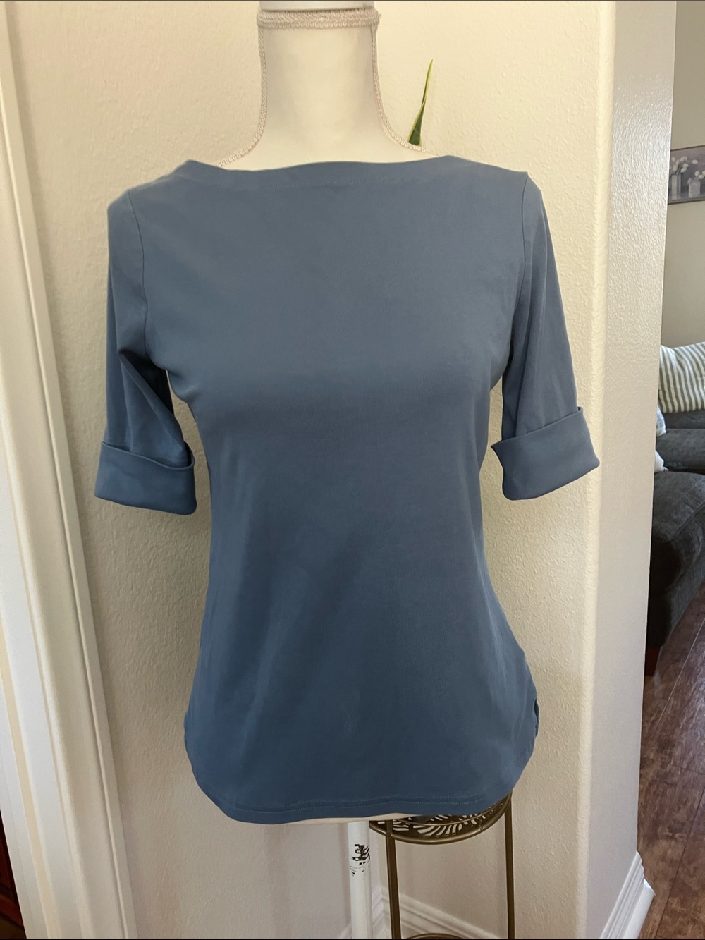 Lauren Ralph Lauren Slate Blue Boatneck Elbow-Sleeve Top